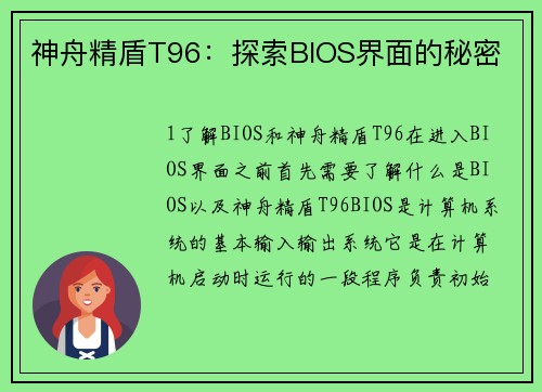 神舟精盾T96：探索BIOS界面的秘密