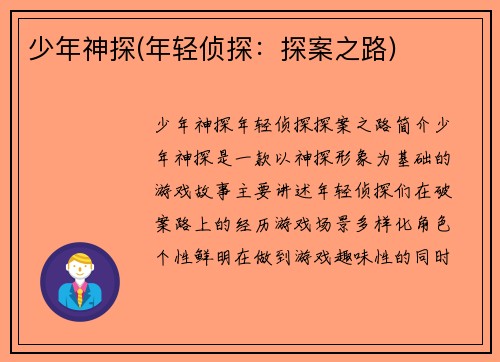 少年神探(年轻侦探：探案之路)